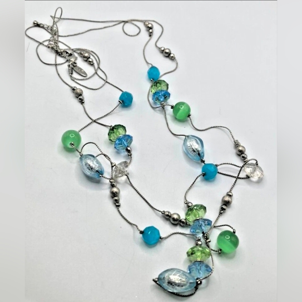NY long double strand station necklace translucent blue acrylic beads 18"-20.5"